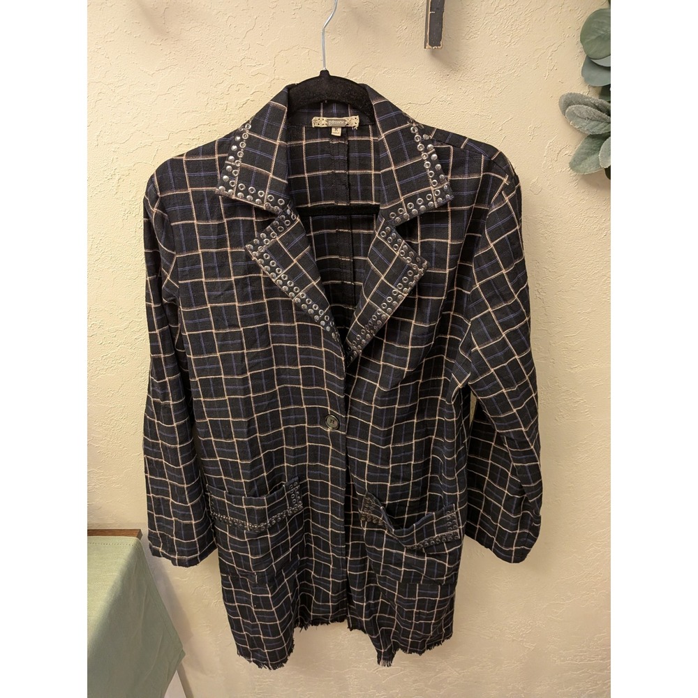 Jimnic Womens Black Plaid Blazer Studded Collar Fringe Size Medium